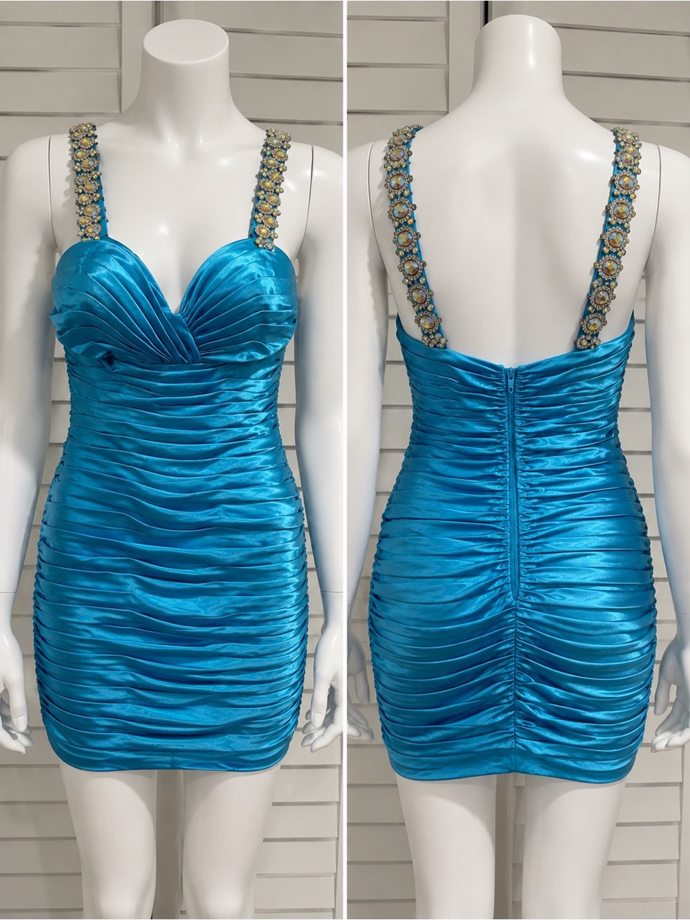 Embellished Strap Ruched Satin Mini Dress - Turquoise
